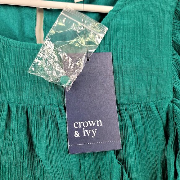 Crown & Ivy Womens Lined Green Tiered Ruffle Flutter Sleeve Top Large - Picture 4 of 9